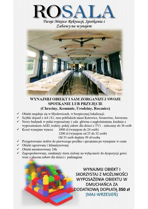 Sala na wynajem, dmuchaniec, Urodziny, chrzciny, komunie,  rocznice. R