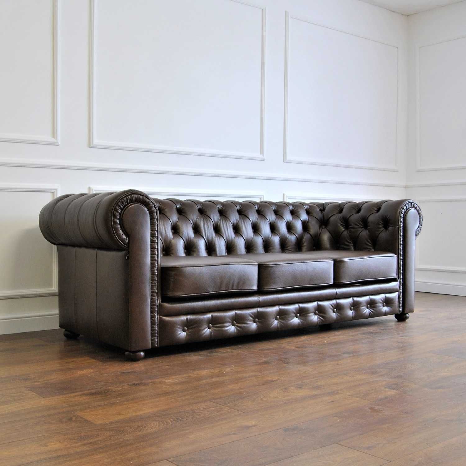 Pikowana sofa chesterfield skórzana 3-osobowa skóra naturalna plisy