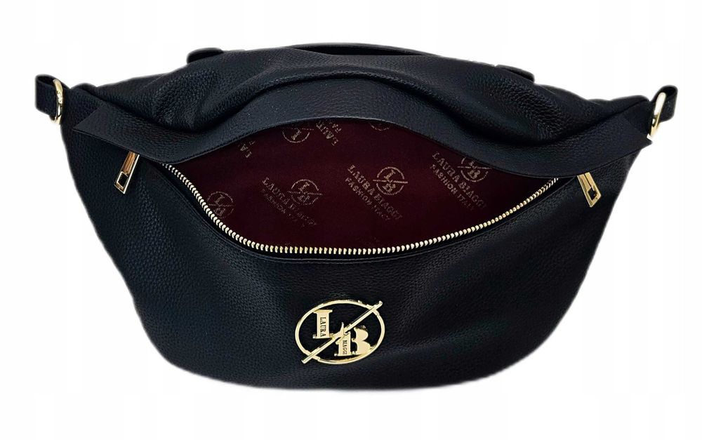 Laura Biaggi Nerka Damska Saszetka Skórzana Czarna Połysk Logo