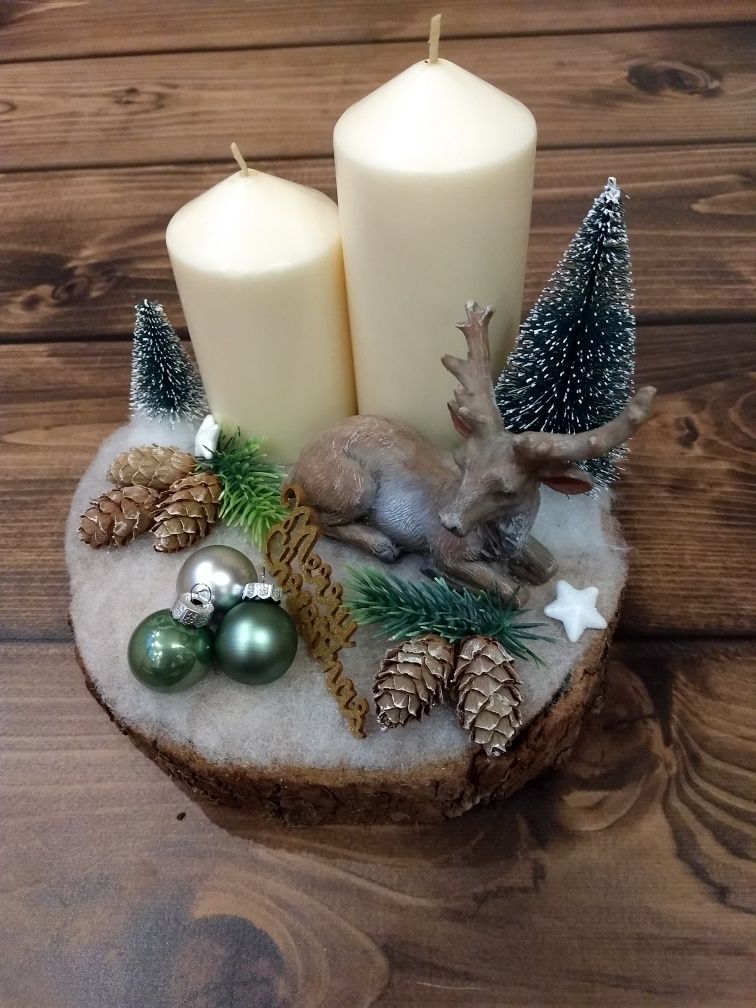 Stroik świąteczny - renifer - plaster drewna - handmade