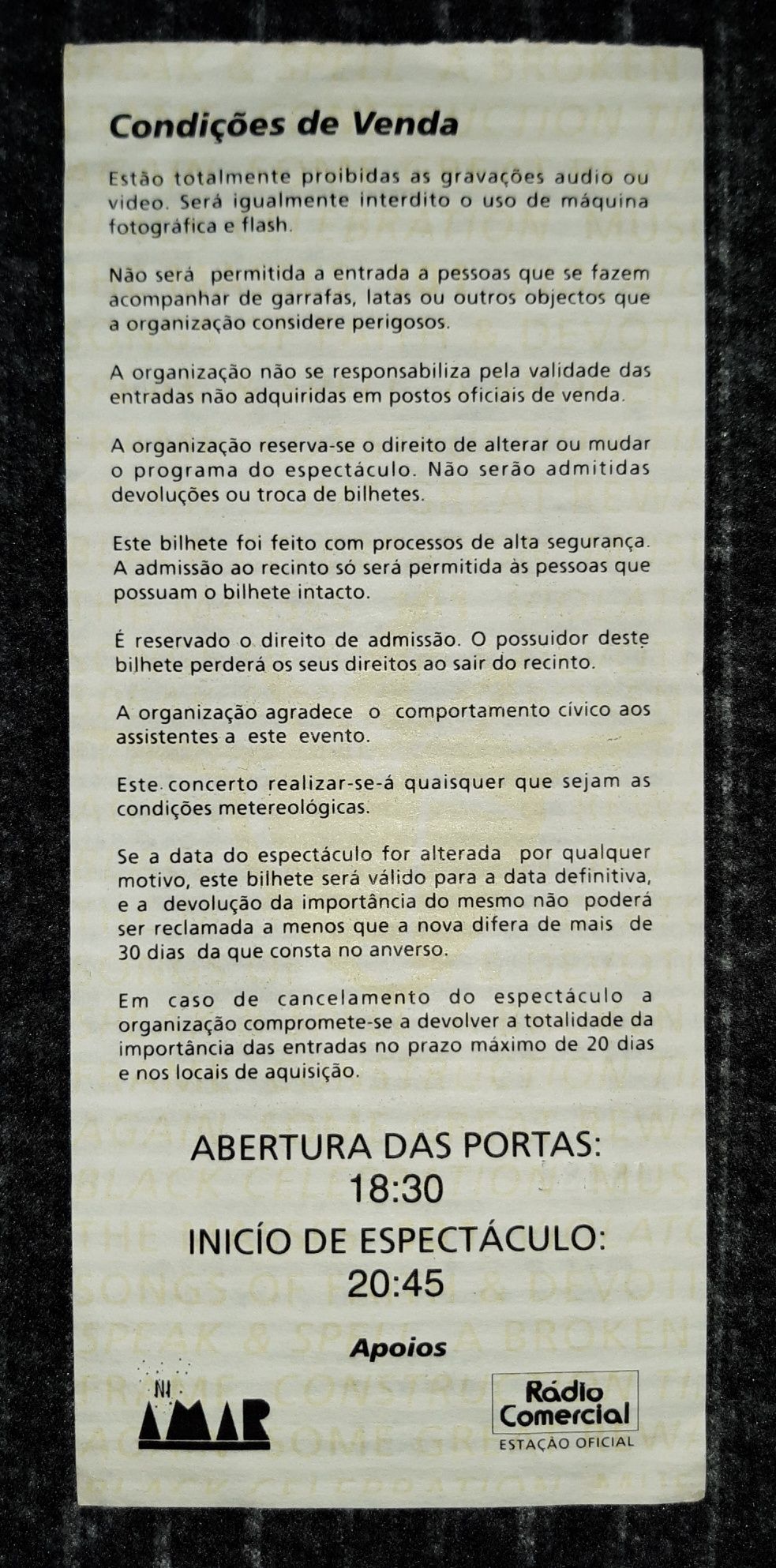 Bilhete concerto Depeche Mode, Estádio das Antas 10-Julho-1993