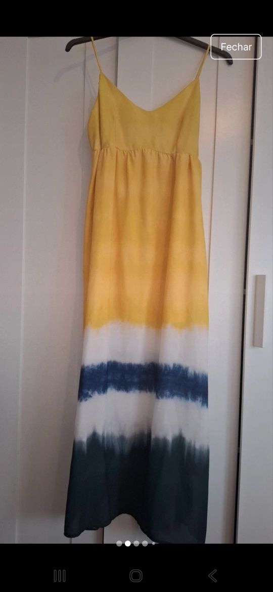 Vestido maxi de verão amarelo e azul