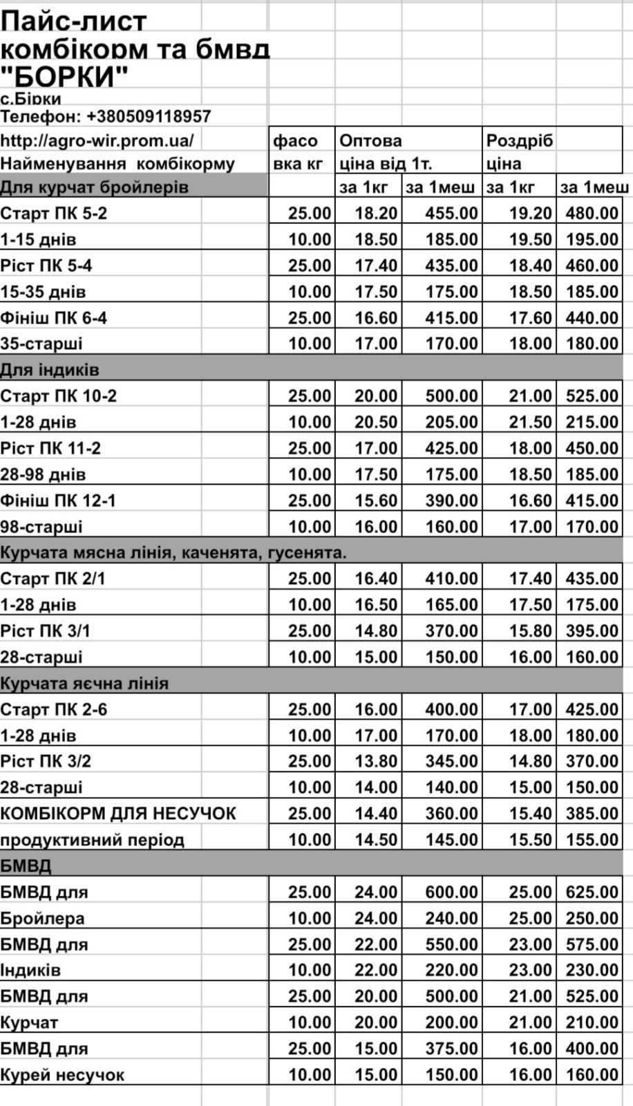 Комбикорм "БОРКИ" ПК 3/2 (рост для яичных цыплят 28-старшие дней) 25кг