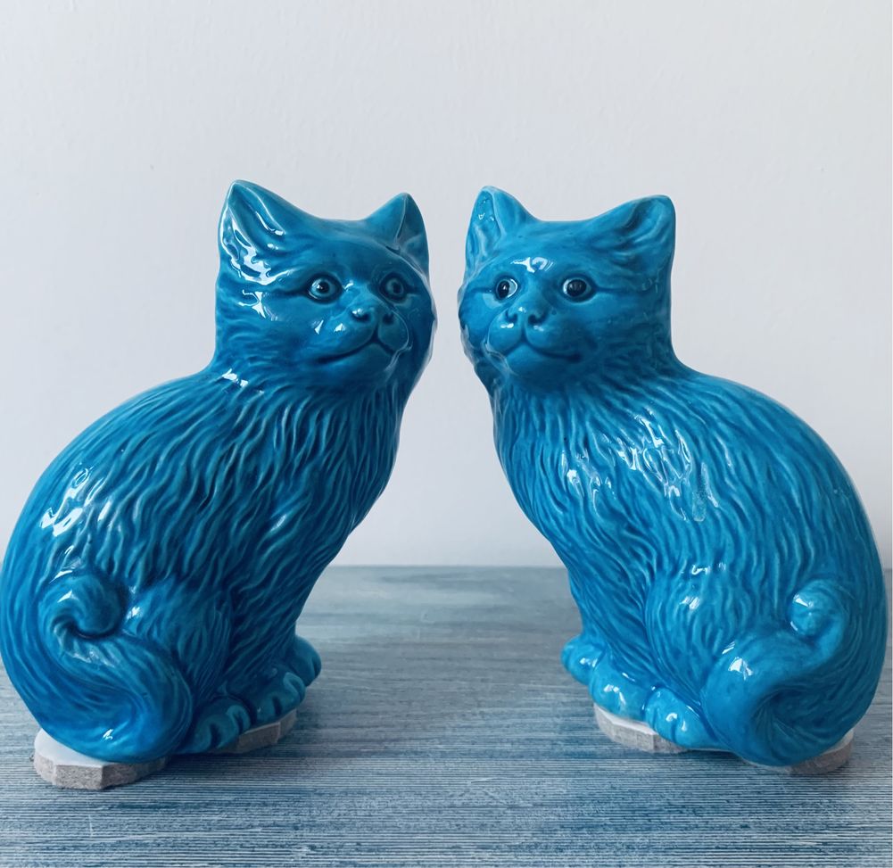 Lindíssimo Par de Gatos Foo Porcelana China Azul Turquesa,Excelente Estado