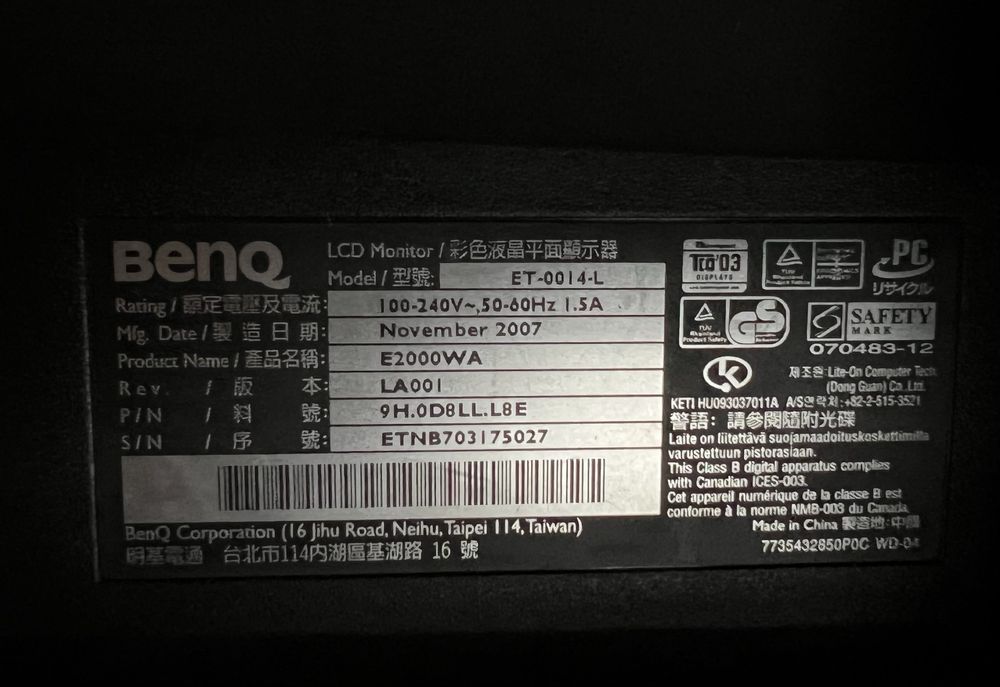 BenQ monitor do komputera 20 cali E2000WA LCD