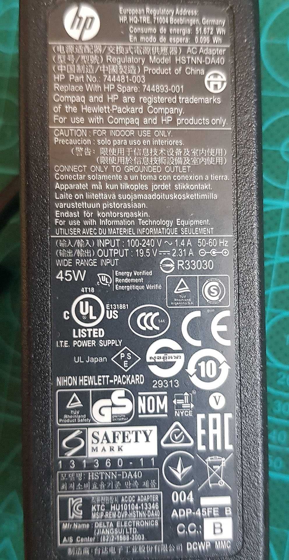 Зарядное блок питания для ноутбука HP 45w