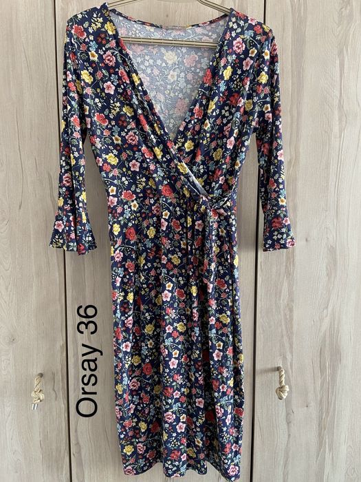 Orsay 36 miękka sukienka rękaw granatowa kwiatki na zakładkę Vintage