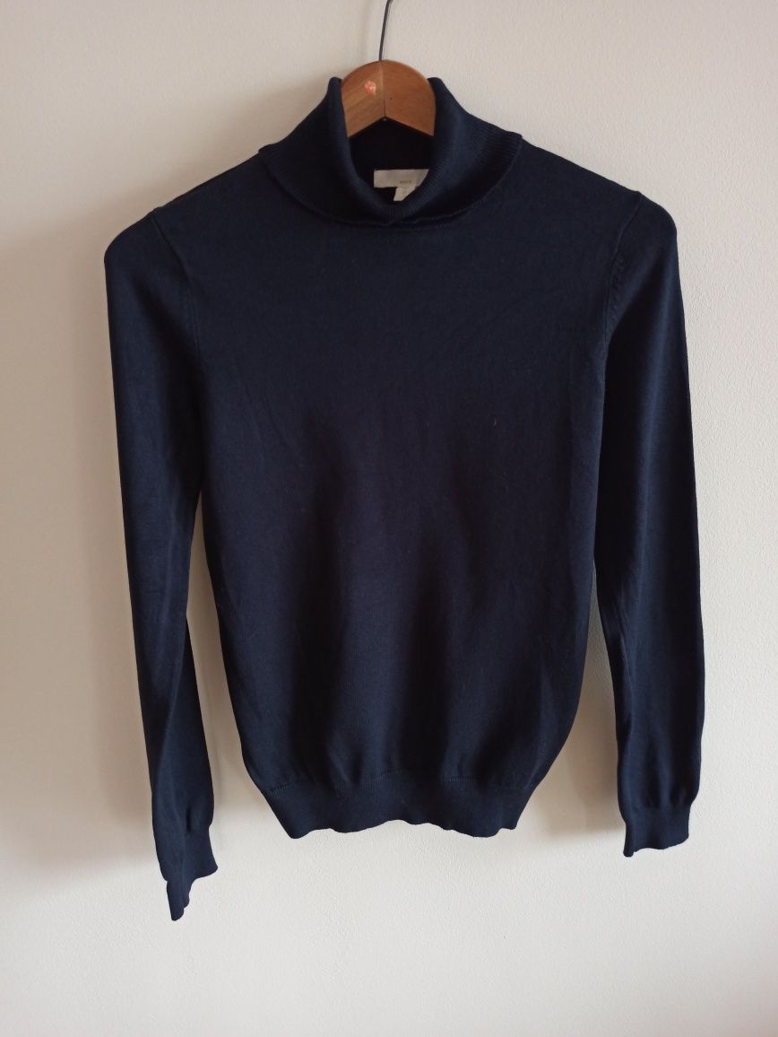 Granatowy sweter golf z wiskozy i bawełny długi rękaw XS/34 H&M