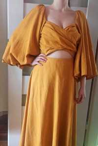Lniana musztardowa sukienka midi z bufiastym rękawem ASOS