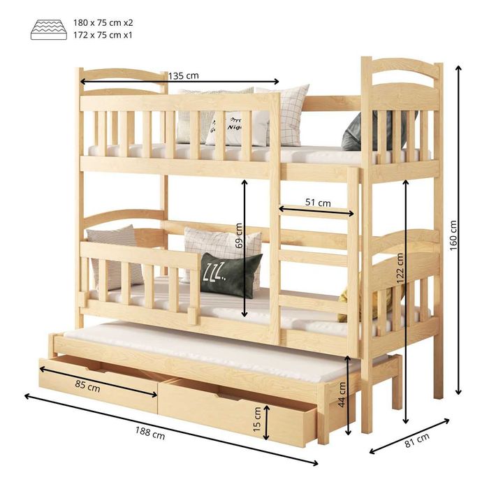 Łóżko piętrowe GABI 3 osobowe 160x75 |180x75 |200x90 materace gratis