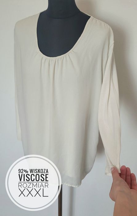Śmietankowa bluzka damska z długimi rękawami plus size 92% wiskoza
