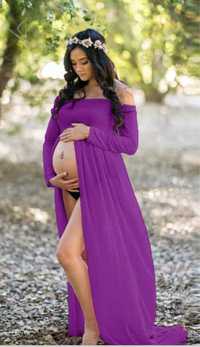 Sukienka do sesji ciążowej fioletowa z wiankiem