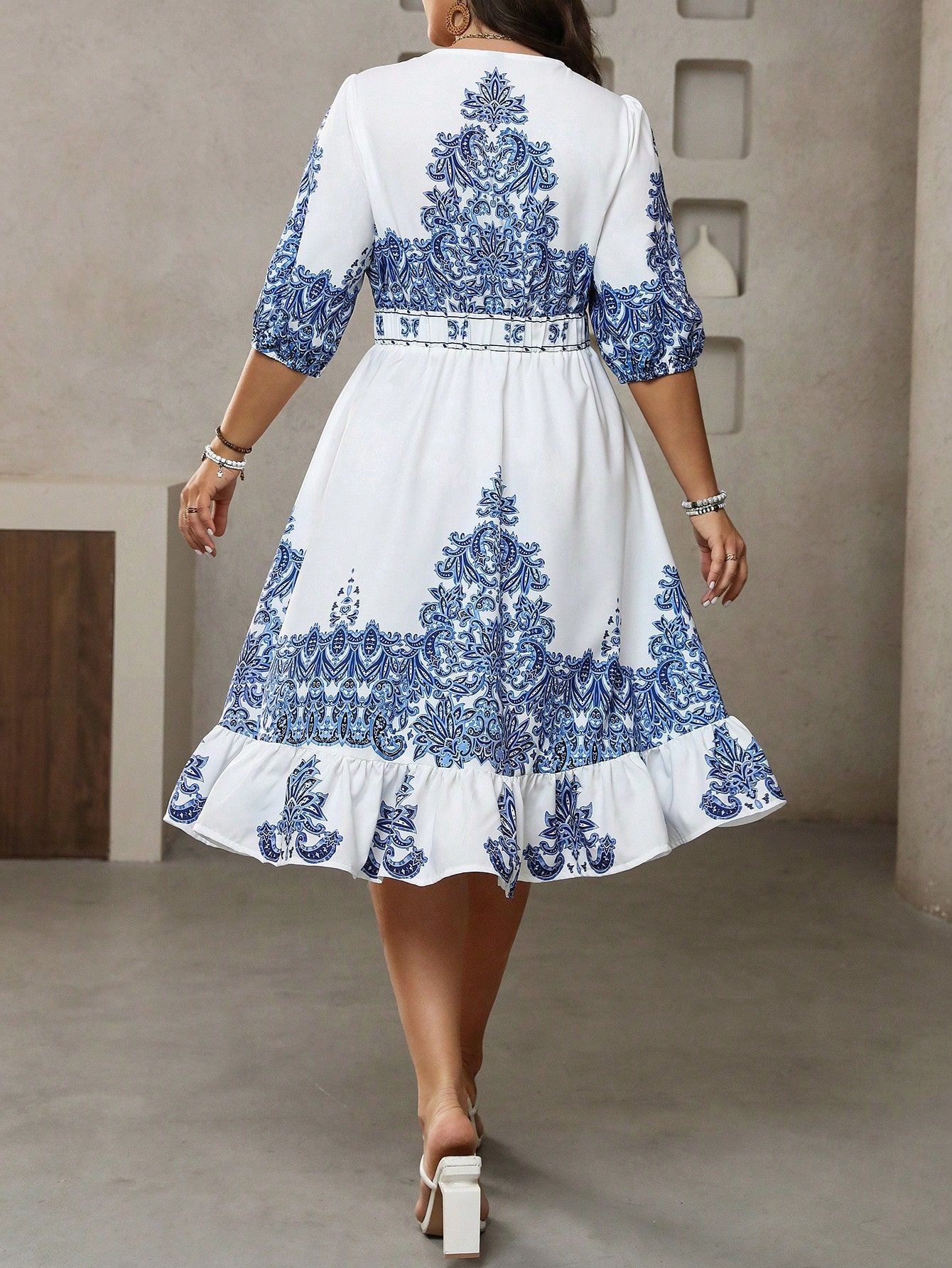 Sukienka Midi Letnia Boho Rozkloszowana Rękaw 3/4 Casual Shein 4Xl 48