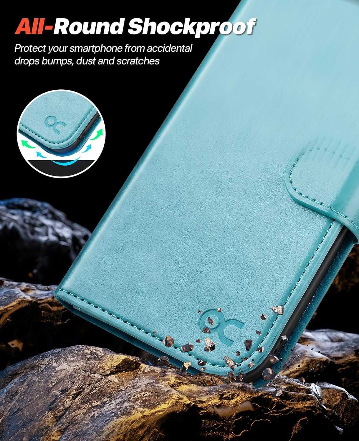 Ocase etui skórzane iPhone 15 magsafe stojak miętowe turkus 2w1