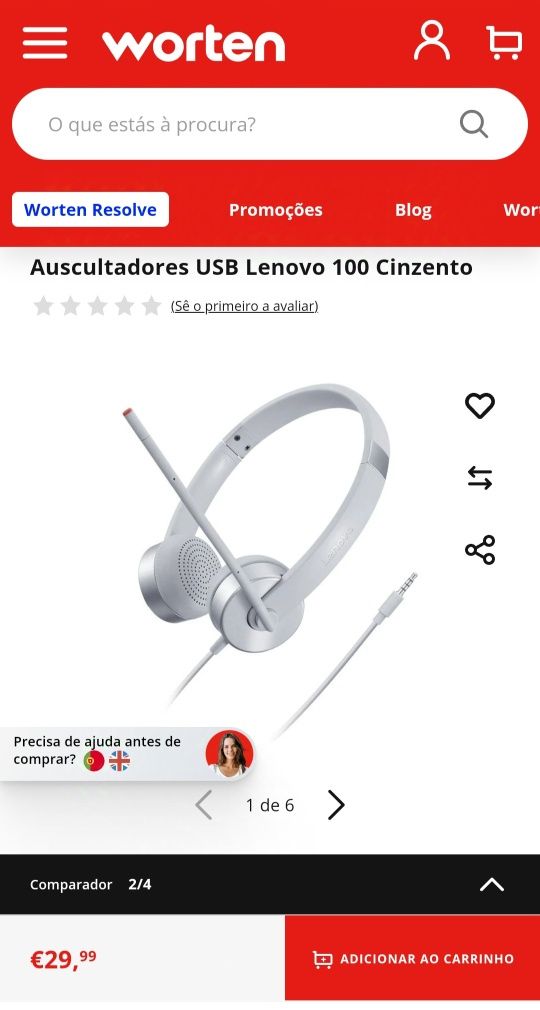 Auscultadores Lenovo 100 Stereo Analogue Headset | Prateado