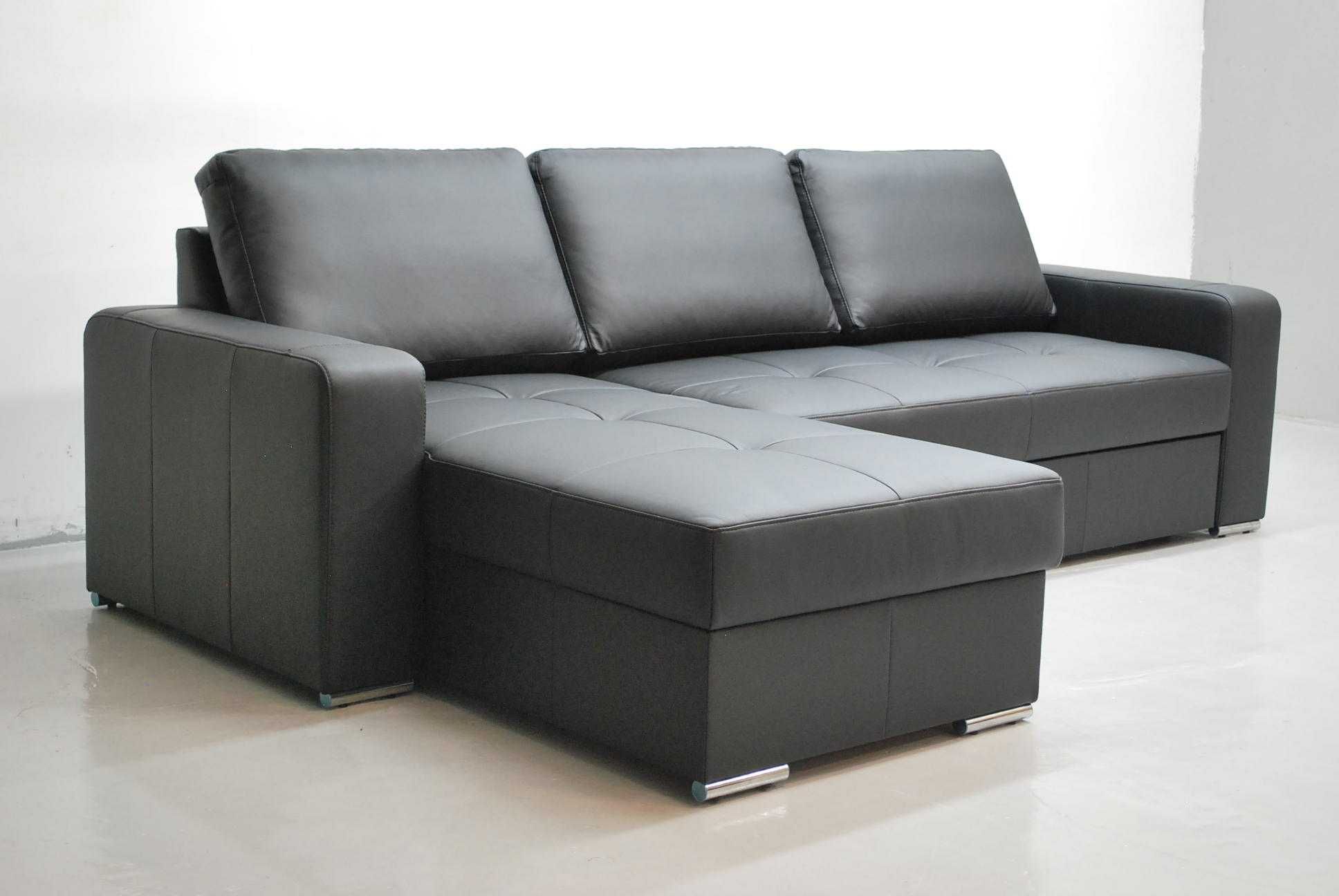 czarny SKÓRA NATURALNA NAROŻNIK spanie pojemnik 6605, sofa kanapa