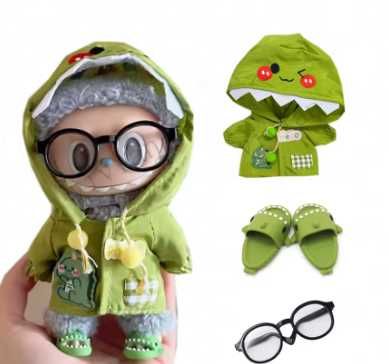 Labubu - kit (capa de chuva, chinelo tubarão e óculos).