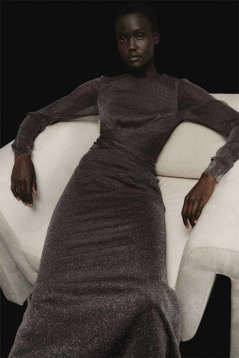 Sukienka L nowa kolekcj brokatowa siateczka brązowa drapowana PROMOCJA