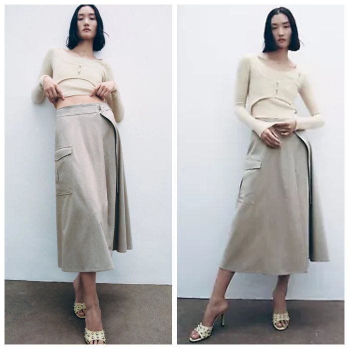 ZARA L-XL elegancka długa spódnica CARGO midi szaro-beżowa