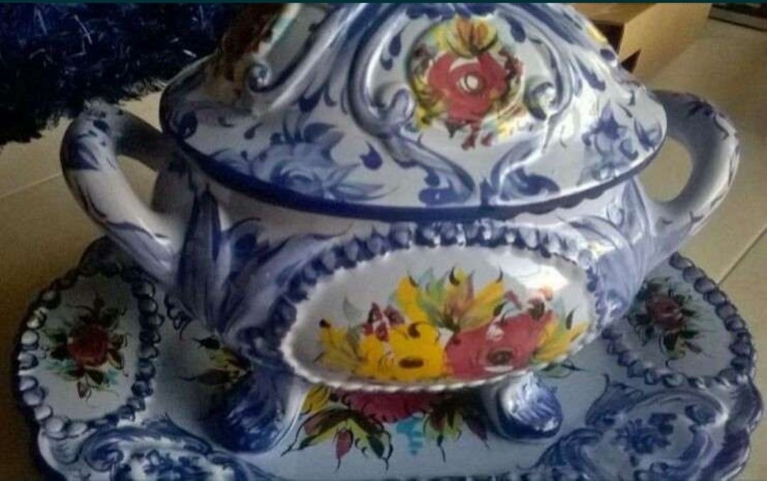 Terrina azul c/florinhas centro mesa c/travessa,  Cerâmica Vestal