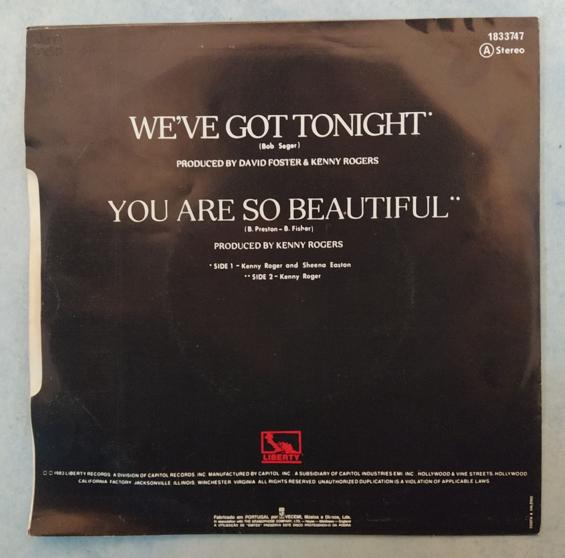 Vinil Single: Kenny Rogers & Sheena Easton - "We've Got Tonight"