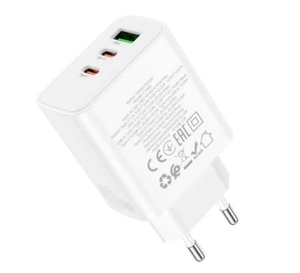 Потужний Зарядний Пристрій Hoco С126А / 40W / 1USB + 2USB-C