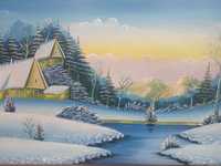 Stary obraz olejny PRL zimowy krajobraz