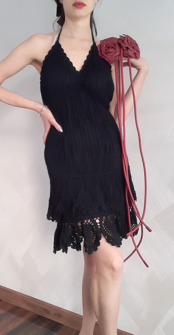 Knited lace Black dress Dzianinowa czarna sukienka z wiązaniem