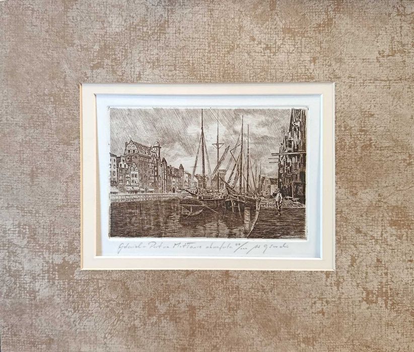 Grafika-akwaforta Gdańsk "Port na Motławie " Wojciech Górecki