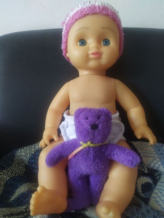 Пупс резиновий 34 см з аксесуарами: підгузник, шапка, іграшка-ведмедик