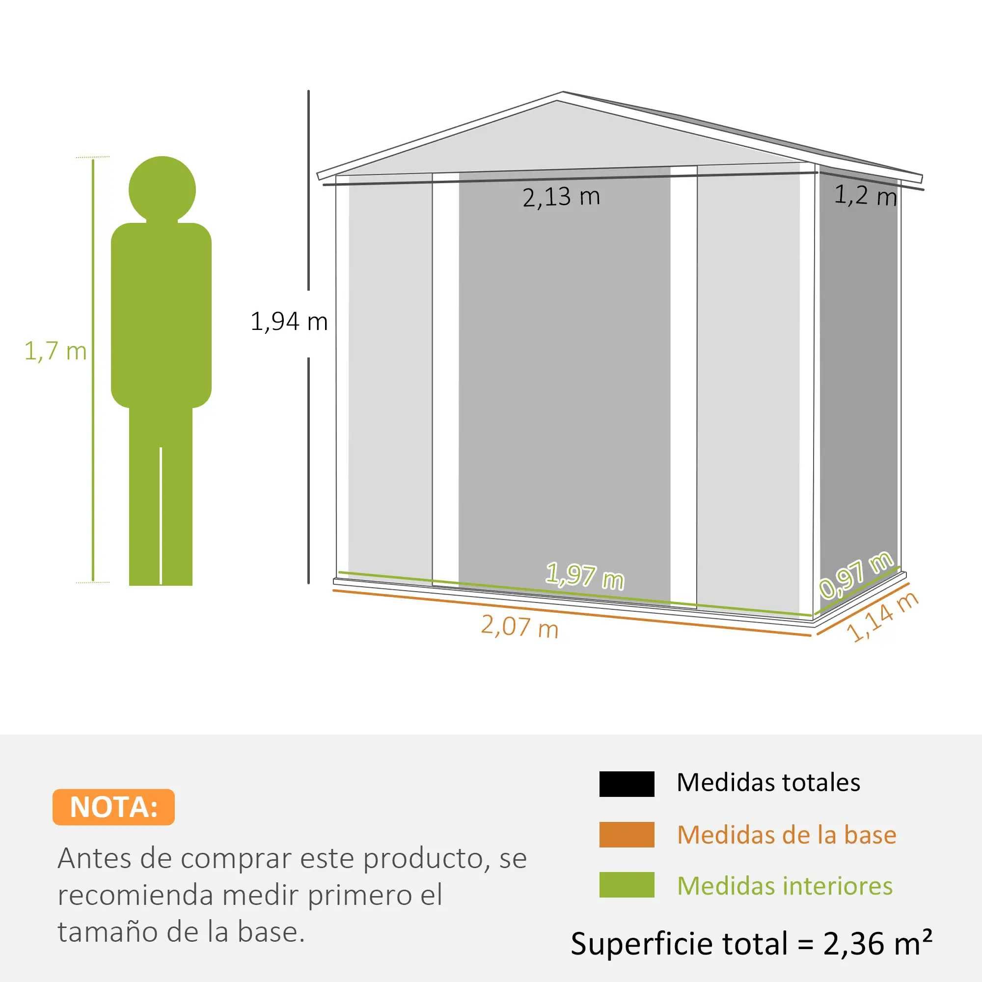 Abrigo de Jardim Exterior 2,36m² 213x120x194 cm
