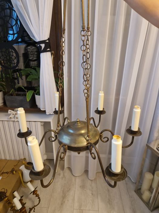 Stary mosiężny sześcioramienny żyrandol