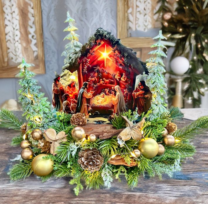 Szopka świąteczna na Boże Narodzenie podłużna z oświetleniem