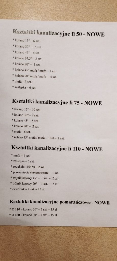 Kształtki kanalizacyjne fi 50, fi 75, fi 110 - NOWE