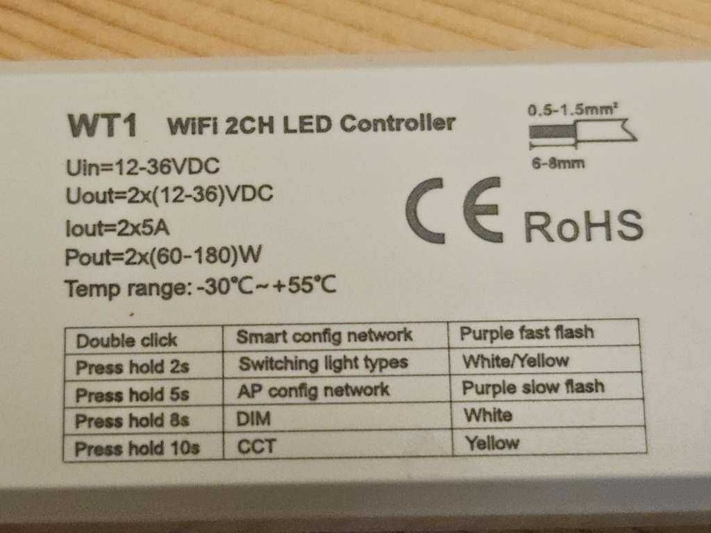 WT1 LED 2 kanałowy kontroler WiFi CCT 12-36V DC 10A Alexa Tuya 2.4GHz