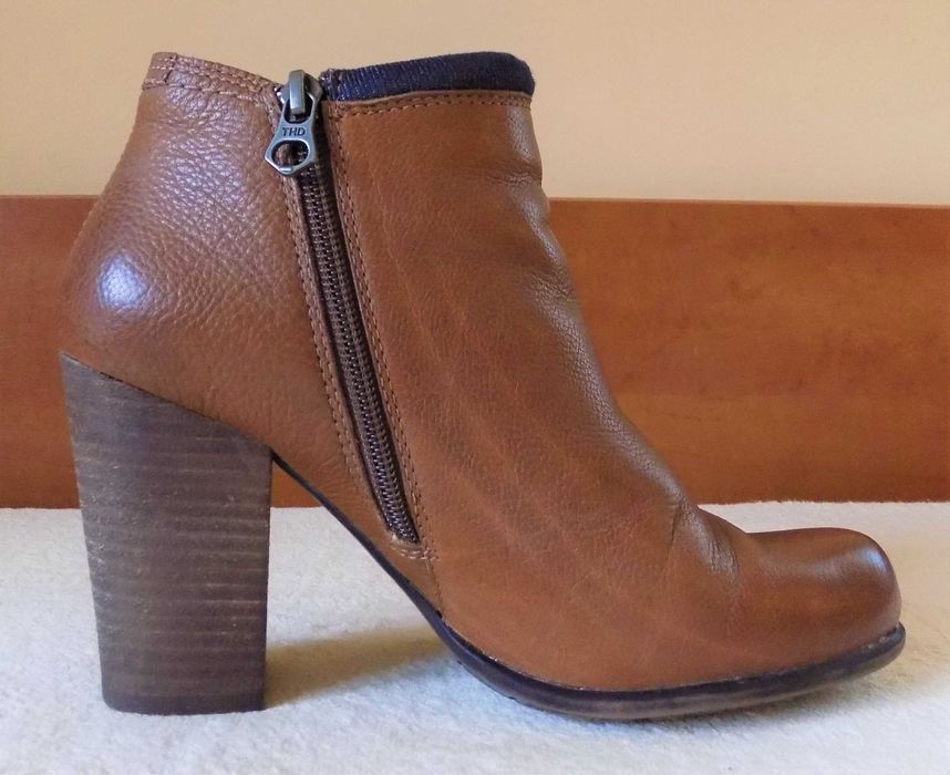 Brązowe skórzane botki damskie na obcasie, Tommy Hilfiger, rozm. 38
