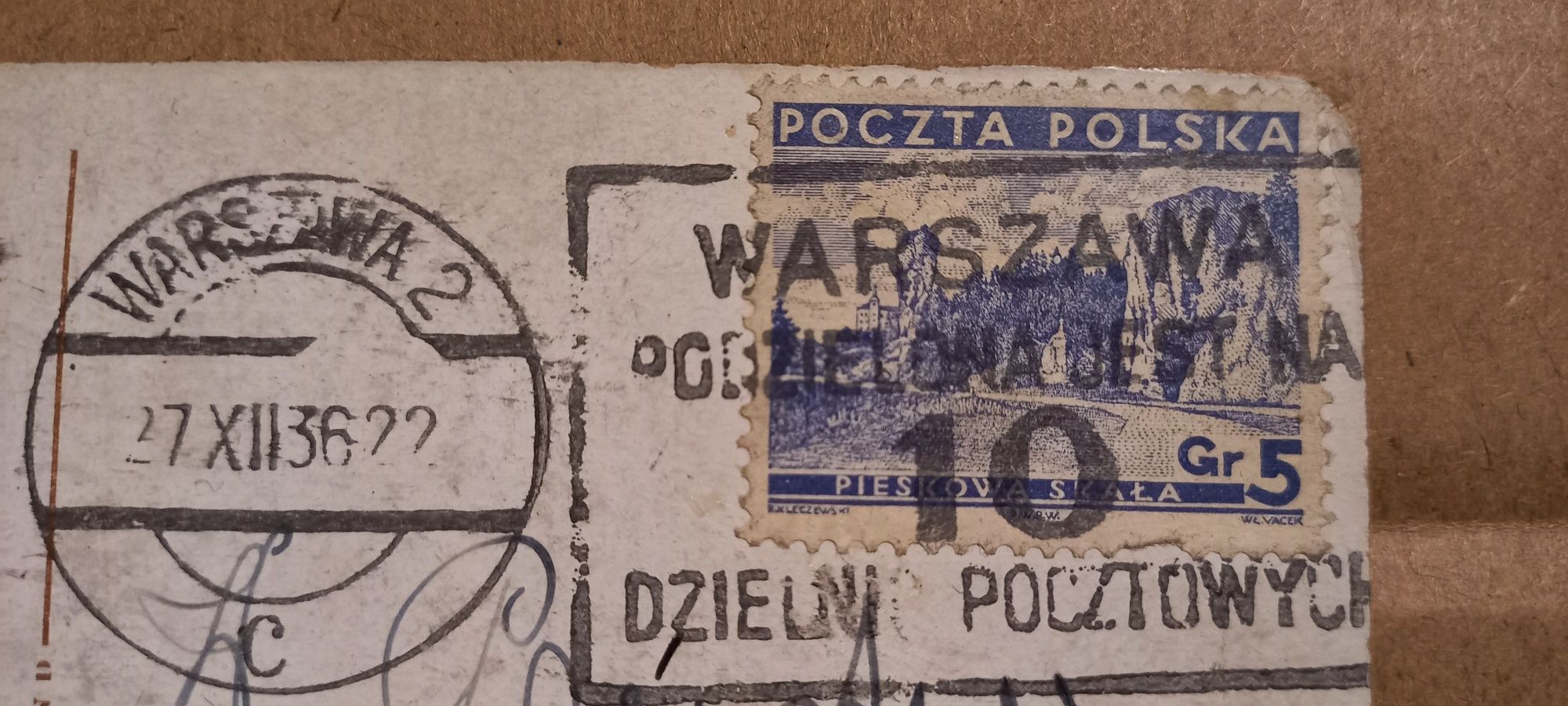 Znaczek Pieskowa Skała 5 groszy 1936 i pocztówka obieg Warszawa