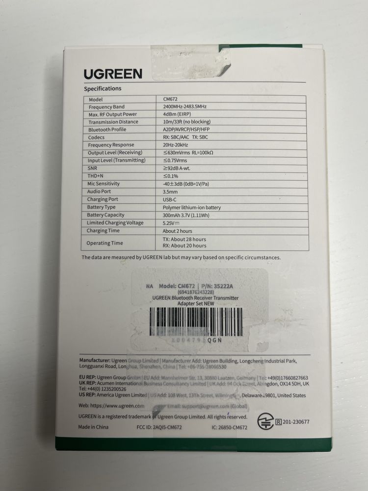 UGREEN CM672 2in1 Aux Bluetooth 5.2 Adapter & Transmitter