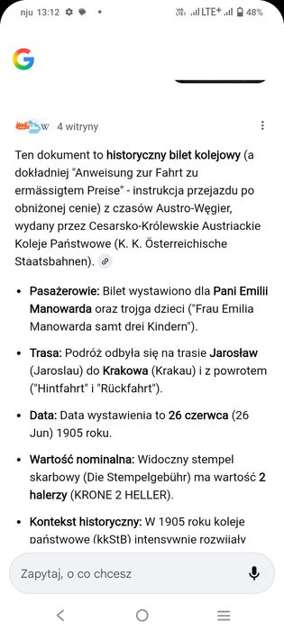 Bilet kolejowy z 1905r.