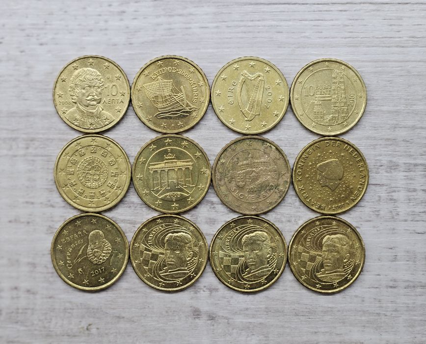 Монеты 1 и 2 Евро, € (биметалл), 50, 20, 10, 5, 2,1 евро центов