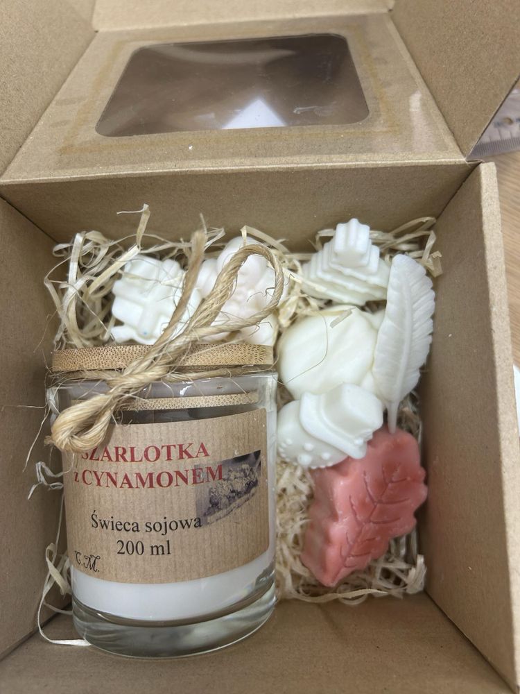 Box prezentowy świeca sojowa i wosk do kominka