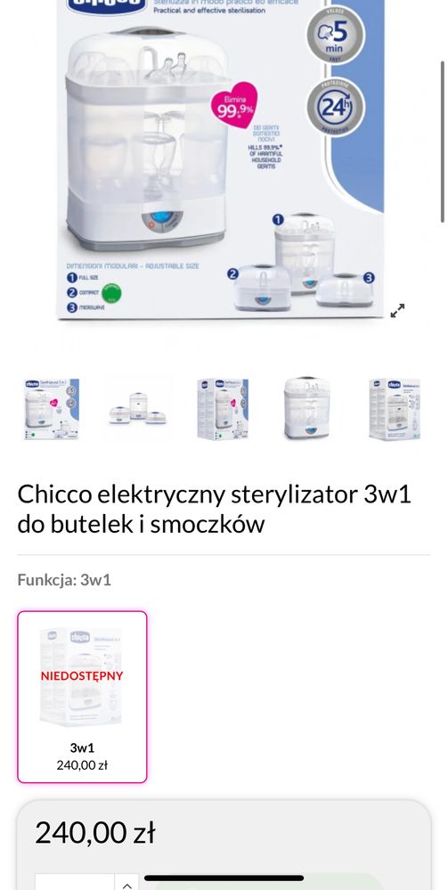 Sterelizator elektryczny Chicco 3 w 1 do butelek i smoczków