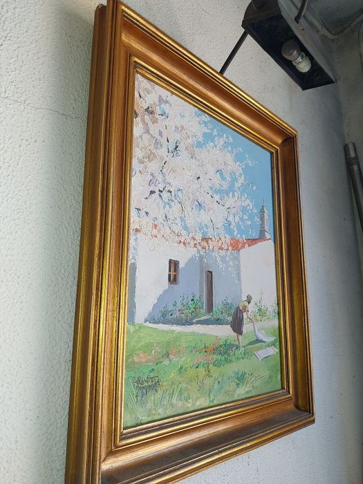 Antigo quadro com candeeiros, em talha dourada