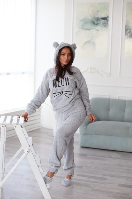 Теплые мех пижамы meow все рамеры кофта + штаны