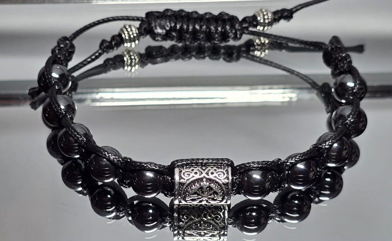 Bransoletka kamień 10 mm Hematyt runa Vegvisir Wikingów szer.nadg.17