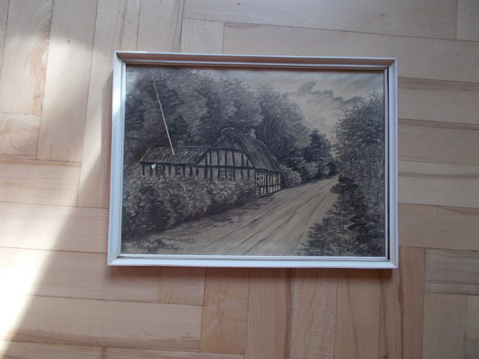 Sztuka - zabytkowy rysunek/pastel w ramie drewnianej Skandynawia