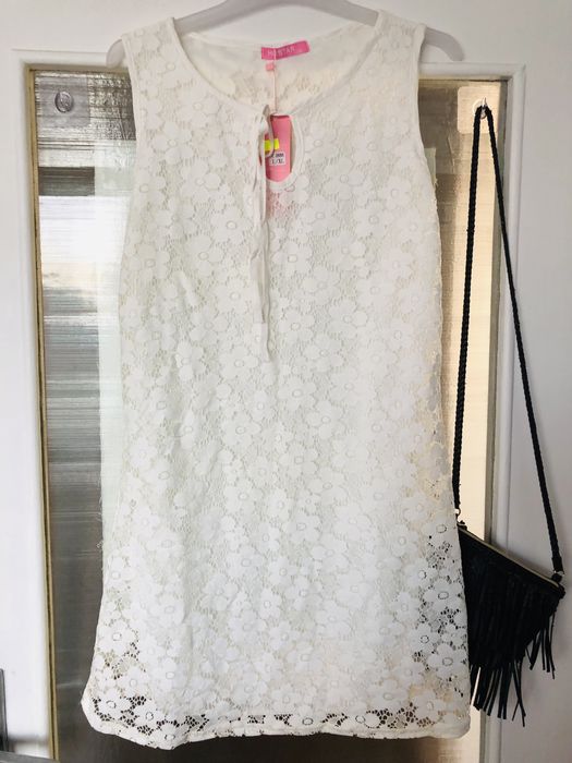 Hostar letnia luźna biała ażurowa koronkowa sukienka M/L