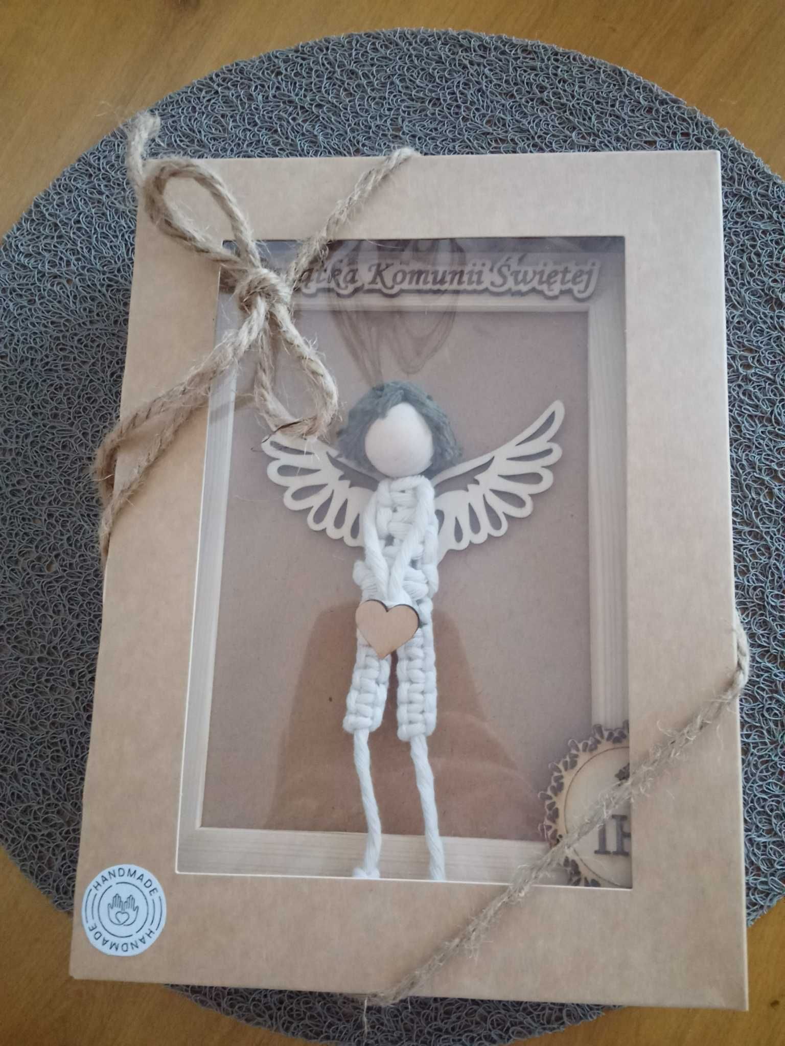 Anioł chłopak makrama pamiątka Komunii Świętej prezent handmade