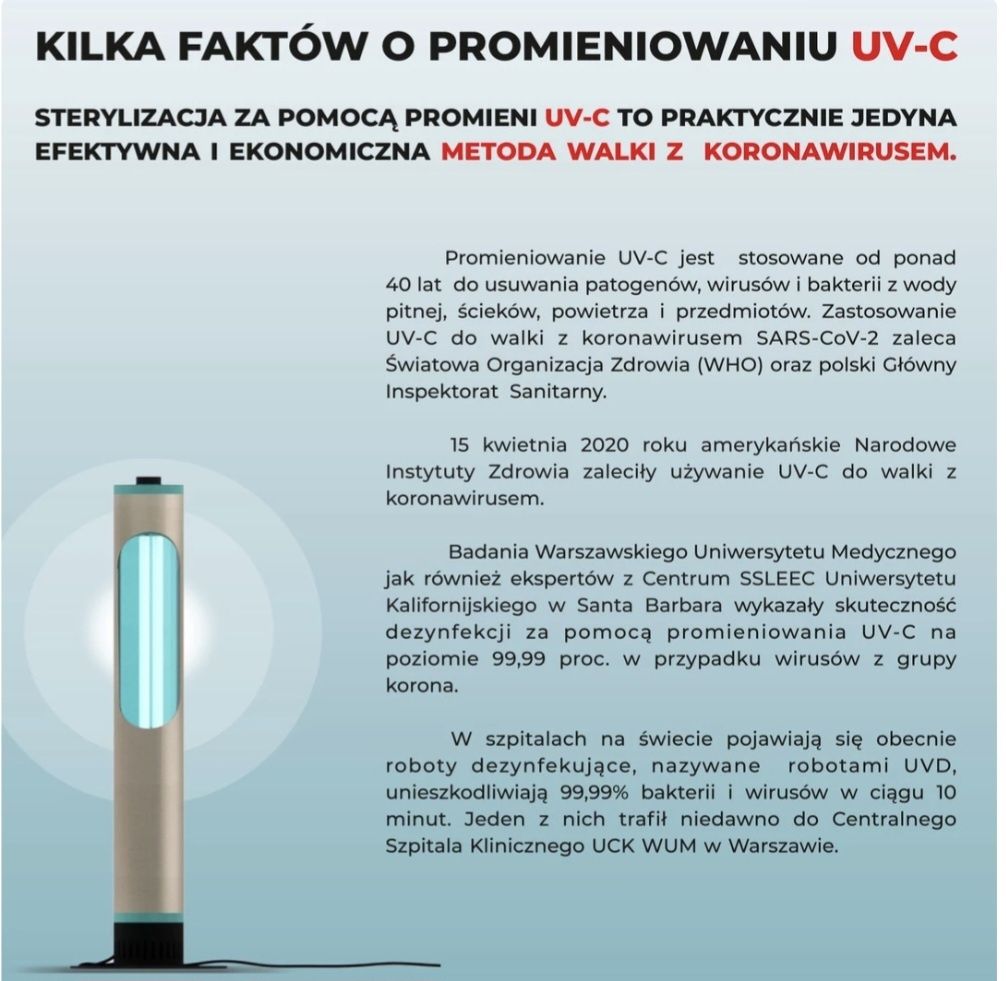 Przepływowa lampa bakteriobójcza UV-C  gabinety