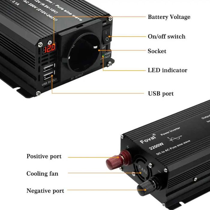 Перетворювач напруги з 12 в 220V. Інвертор FOVAL 2200W,  Чистий синус.